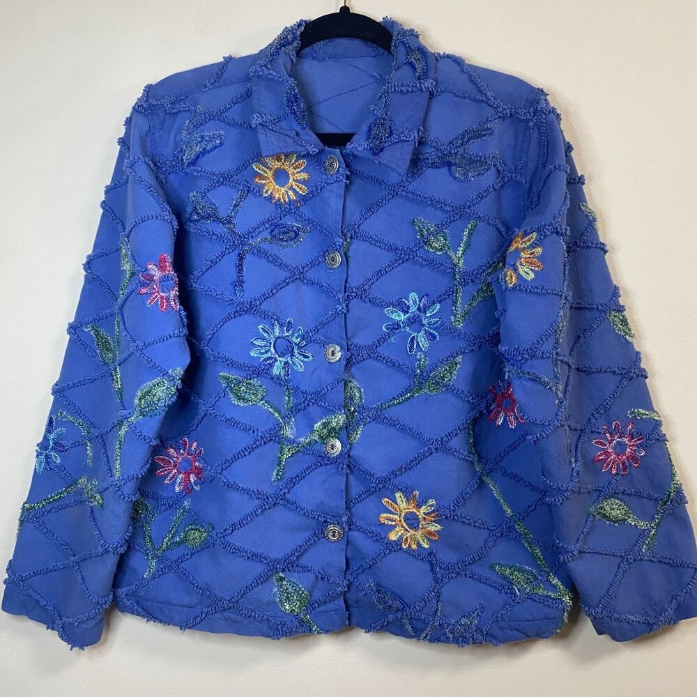 Tantrums Jacket Women's L Blue Floral Vintage Embroidered Flower Button Collared
